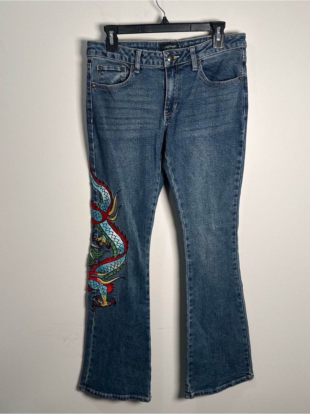 Ed Hardy Embroidered Dragon Jeans Size 28 Low Rise Boot Cut Logo Y2K